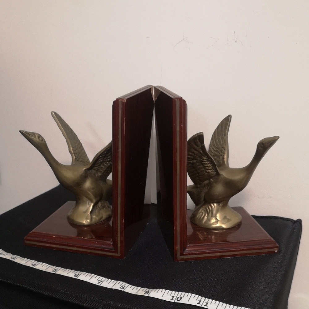 Vintage Pair of Solid Brass Flying Goose Bookends with Brass Inlay *Please Read*
